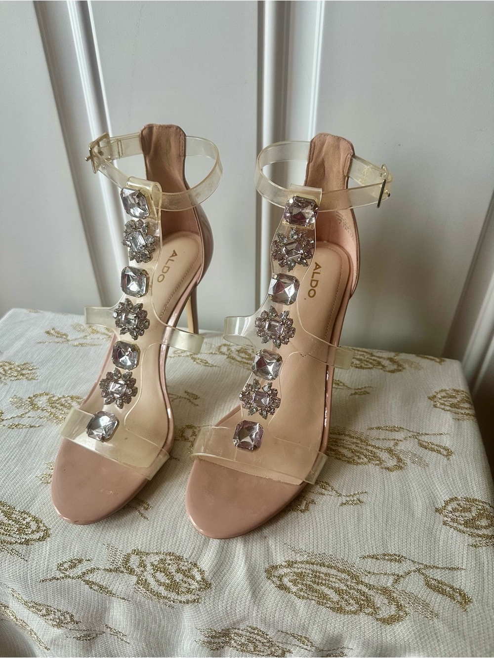 ALDO Pink Nude Clear-Strap Jewel T-Strap High Heels
